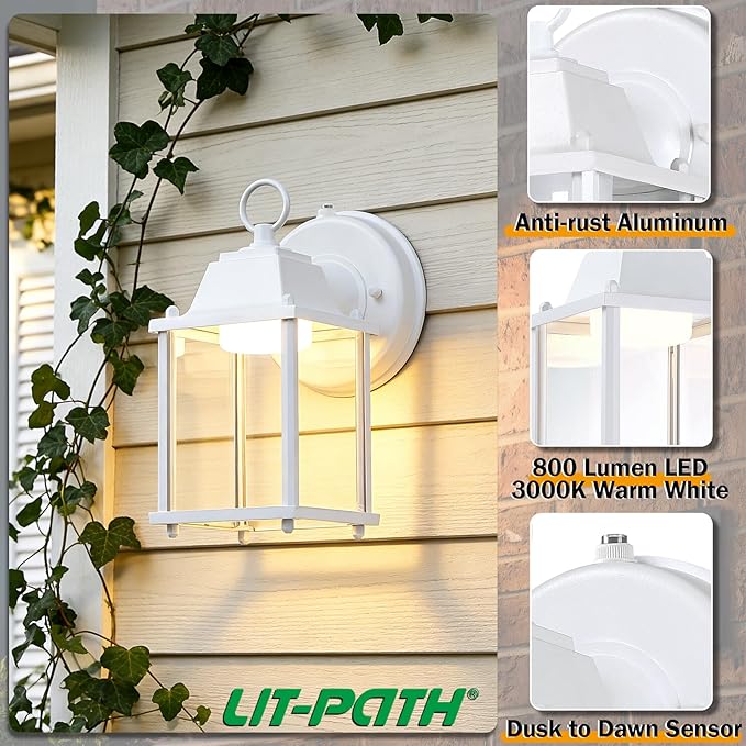 LIT-PaTH Dusk to Dawn Outdoor Wall Lantern, LED Wall Sconce, 3000K Warm White, 9.5W, 800 Lumen, Aluminum Housing Plus Glass, Outdoor Rated, 2-Pack, White