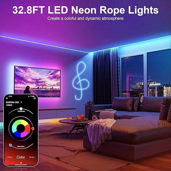 Nexillumi 32.8FT Neon LED Rope Lights IP67 Waterproof LED Lights for Bedroom Flexible LED Light Strip with Remote and APP Control RGB Lighting Strip for Indoors Outdoors Bedroom Room Home Decor
