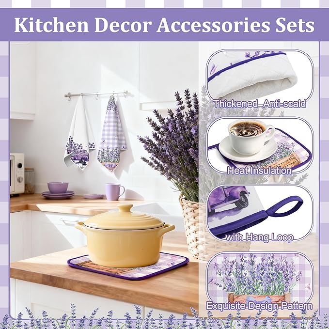8 Pcs Lavender Spring Kitchen Towels Pot Holders and Oven Mitt Set Kitchen Accessories 4 Dish Towels 2 Absorbent Square Potholders 2 Heat Resistant Glove for Cooking Baking Home Gifting