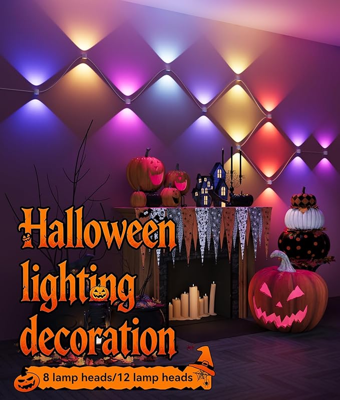 8-Light RGBCW Wall Sconce Light, Up/Down Bedroom Wall Lights, Music Sync, DIY-Styling Color-Changing Wall Lamps for Living Room Party Home Decor, Works with Alexa/Google Assistant, 23.3ft