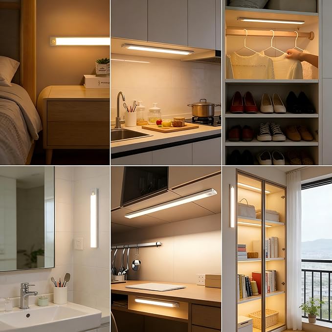 Magnetic Under Cabinet lighting 2 Pack, 12" Rechargeable - 3 Color Dimmable LED, Ultra Slim 1800 Battery Powered Motion Sensor light indoor Punch-free Smart Sensor Magnetic Rechargeable Led Light