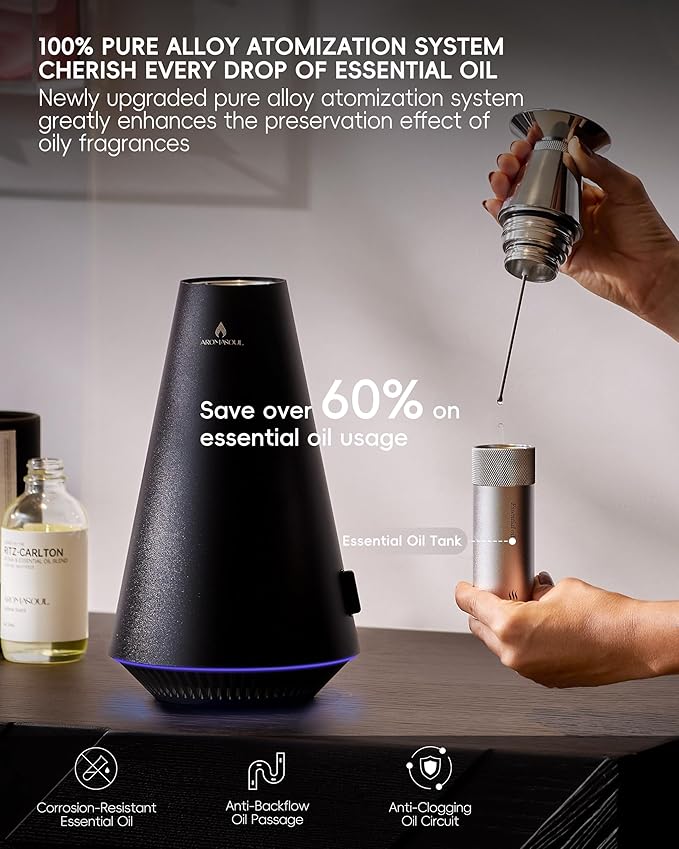 Wireless Rechargeable Waterless Scent Diffuser Starter Kit - 1500 Sq Ft Coverage,Alloy Atomization System,Mood Light, Hotel Scent Diffuser, Including 120ml Essential Oil, for Home,Large Room,Spa,Black