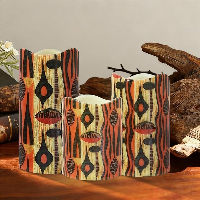 Remote Flameless Candles-Set of 3 African Tribe Design LED Pillar Candles Battery Operated Candle with Timer, 4" 5" 6" for Home Table Decor