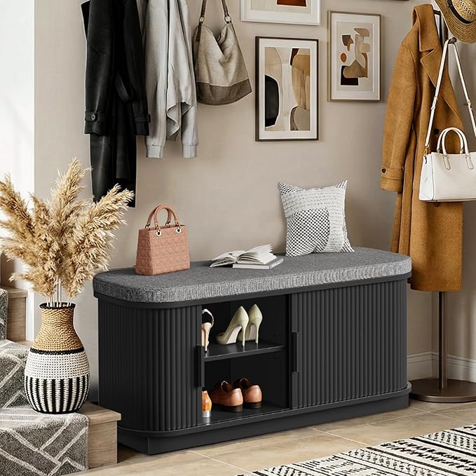 Shoe Storage Bench, Entryway Bench with Storage, Shoe Bench with Cushion and Sliding Door, Fluted Storage Bench, Entry Bench for Entryway, Hallway, Living Room, Bedroom, Black and Gray MHX02BB