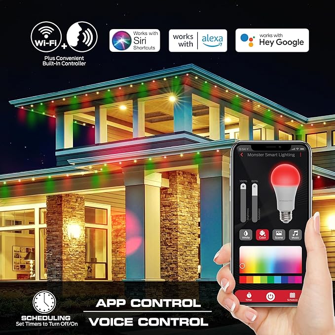 Monster Smart Permanent Outdoor Lights, 50ft, 36 LED Eaves Lights, RGB+IC+WW, Weather & Water Resistant, App & Voice Control, Compatible with Alexa and Google, for Halloween, Christmas & Year-Round