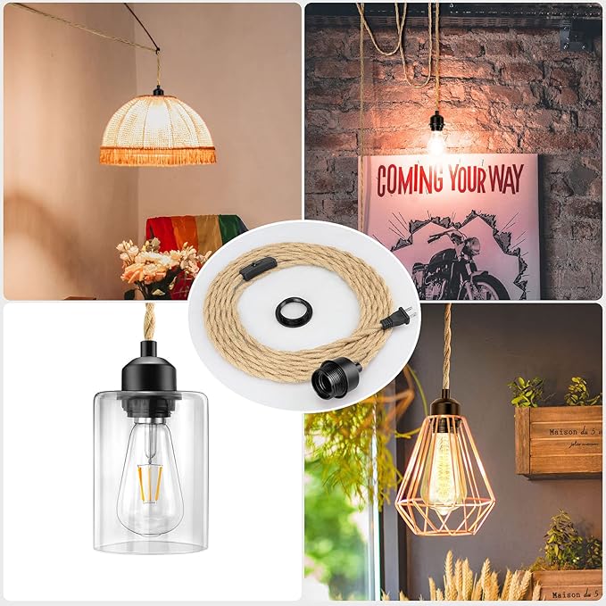 Plug in Pendant Light Cord, Farmhouse Hanging Lights with Plug in Cord, 15FT Hemp Rope Plugin Hanging Light Cord Kit with On/Off Switch, E26 E27 Light SocketCord, Bulb NOT Included