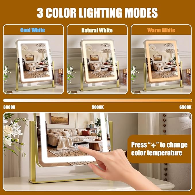Vanity Mirror with Lights, 15"×12.2" Large LED Makeup Mirror with Light, HD Mirror, Smart Touch with 3-Color Lighting, Dimmable, 360° Rotation, Lighted Up for Vanity Desk Tabletop, Bedroom (Gold)
