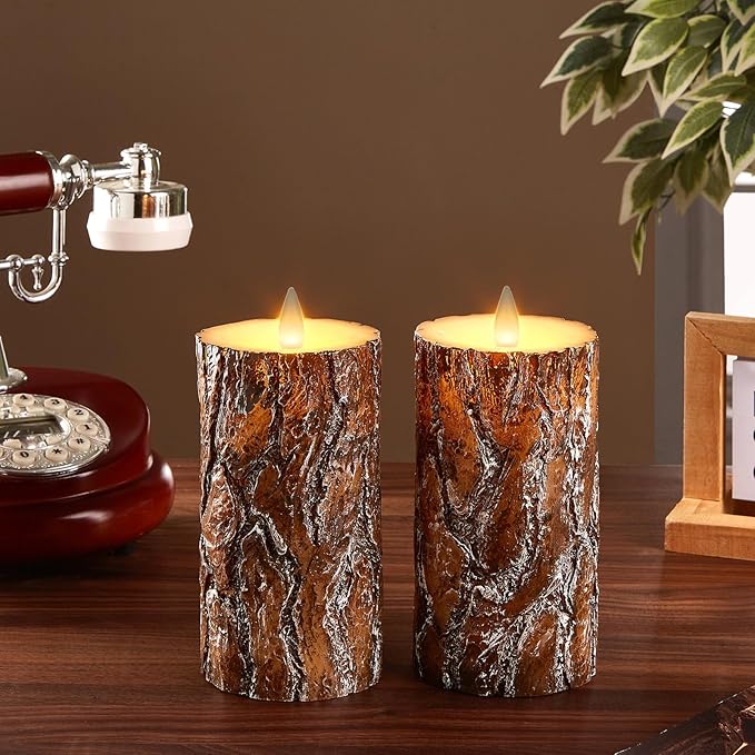 Pine Flameless Pillar Candles Flickering with Remote Timer, Battery Operated LED 3D Moving Flame Real Wax Candles, Set of 2, D3 x H6,Remote Included (Pine)