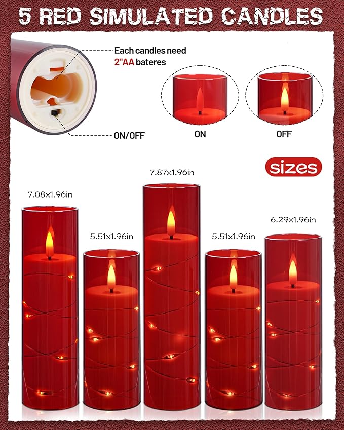 Da by Flameless Candle Light, Battery Candle with recessed String Light, 5 flameless Candles with 11-Key Remote Control, 24-Hour Timer Function, red