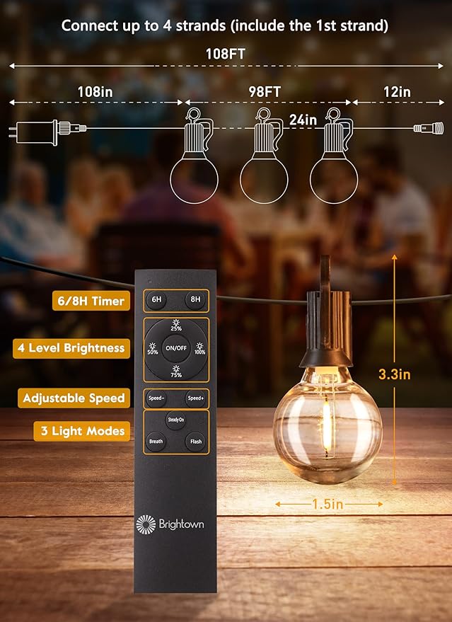 Brightown Led String Lights Outdoor 108Ft(98+10) with Remote, Patio String Lights for Outside with 52 Shatterproof Bulbs(2 Spare), Waterproof Hanging Lights for Backyard Bistro Party Cafe, E12 Socket