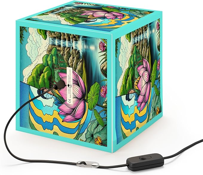 Decorative Custom Zen Garden Light Cube Lamp with Lotus Design, 11.7 x 11.5 x 11.5 inches, Turquoise