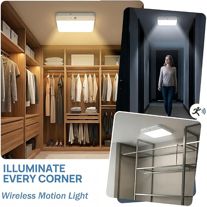2 Pack Rechargeable Motion Sensor LED Ceiling Light with Remote, Wireless Battery Operated Closet Light, 400LM Dimmable 3 Color Temperatures, Ideal for Stair Hallway Garage Pantry