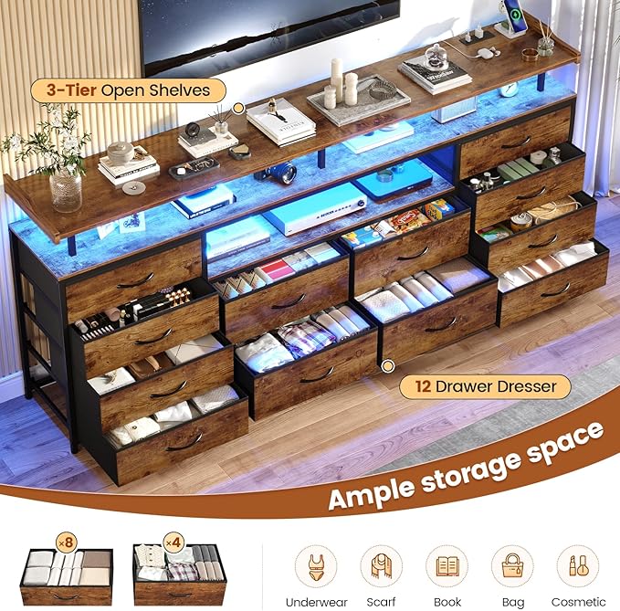 BTHFST 12 Drawers TV Stand Dresser for 65/70 inch TV, Entertainment Center with LED Lights & Power Outlets, 63" Large LED TV Stand, TV Console for Bedroom