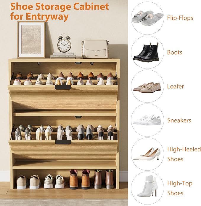 Garvee Shoe Storage Cabinet for Entryway, Fluted Shoe Cabinet with 2 Flip Drawers Doors, 32" Wide Hidden Shoe Rack Tall Freestanding Shoe Organizer for Entrance, Hallway, Living Room, Natural
