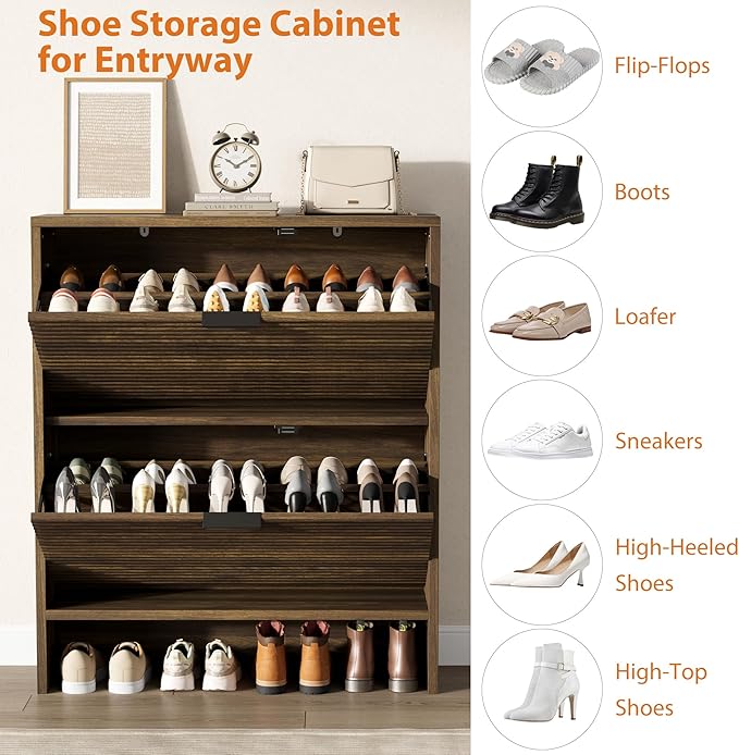 Garvee Shoe Storage Cabinet for Entryway, Fluted Shoe Cabinet with 2 Flip Drawers Doors, 32" Wide Hidden Shoe Rack Tall Freestanding Shoe Organizer for Entrance, Hallway, Living Room, Walnut