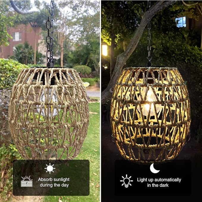 Larekook Hanging Solar Lanterns Outdoor Waterproof, Natural Seeweed Rattan Lantern Bamboo Woven Hanging Pendent Light with Edison Bulb,Solar Chandelier Outdoor Light for Gazebo Garden Porch Patio