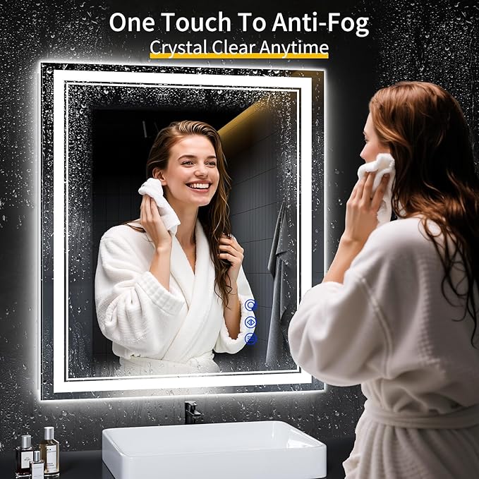 36"x32" LED Bathroom Mirror with Anti-Fog, Stepless Dimmable Lights, 3 Color Modes, Shatter-Proof Tempered Glass,Waterproof Design
