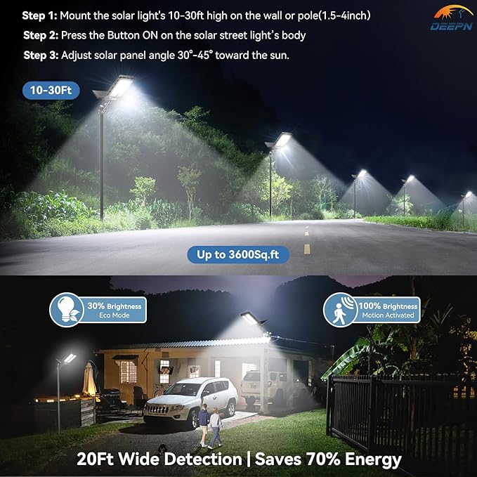 Deepn Solar Lights Outdoor, 8000W Solar Street Lights Outdoor Waterproof Dusk to Dawn LED Security Flood Light with Motion Sensor and Remote Control for Pathway, Entryway & Yard, 1 Pack