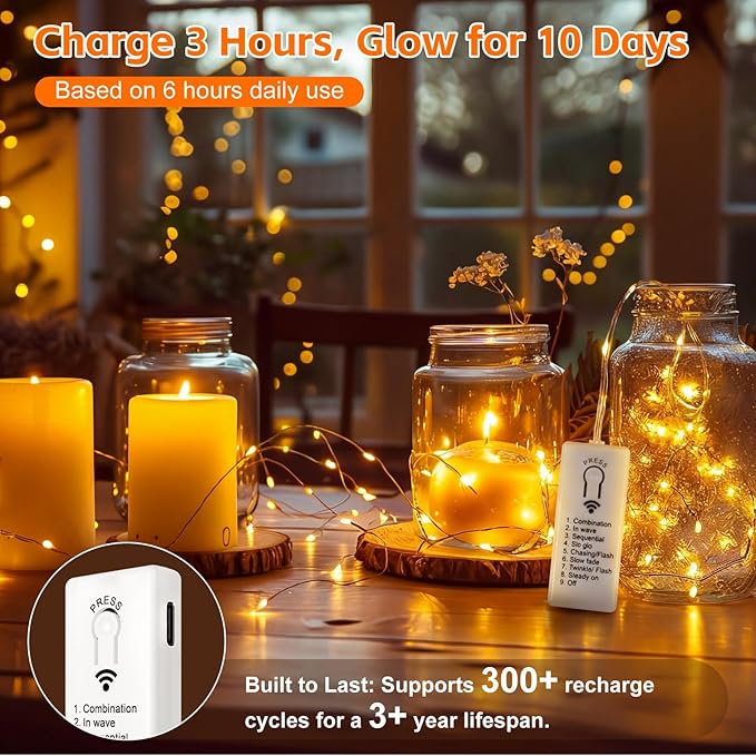 8 Pack Rechargeable Fairy Lights with Remote & DIY Timer, 7ft 20LED Dimmable Silver Wire String Light for Mason Jar, Mini Twinkle Lights for Indoor Christmas Bedroom Wedding Decor, Warm White
