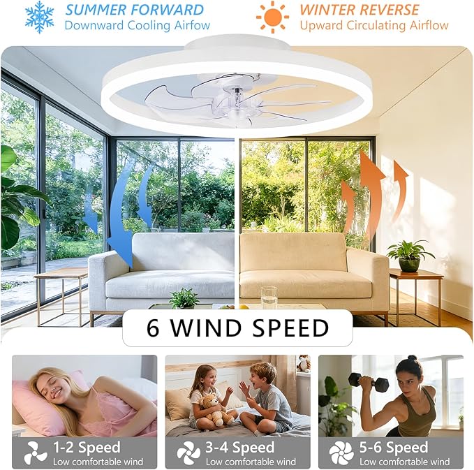 20" Low Profile Ceiling Fans with Lights and Remote & APP, Dimmable 3000-6500K LED Fandelier Ceiling Fan with Light, Modern Flush Mount Ceiling Fan Light for Living Room, Bedroom and Kitchen