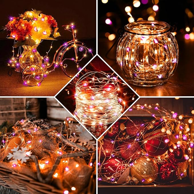 Aogist 50 Pack Fairy Lights 3 Modes 7ft 20 LED Waterproof,Battery Operated Silver Wire Firefly Starry Moon Mini String Lights for Mason Jars Christmas DIY Crafts Wedding Party Bedroom,Orange&Purple