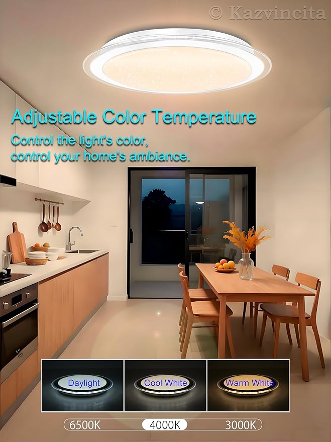 Dimmable Round LED Ceiling Light Flush Mount 17 Inch 50W Built-in Bluetooth Speaker Modern Lighting Fixtures RGB Ambient Ceiling Lamp Suitable for Bedrooms Kitchen Kids' Rooms and More