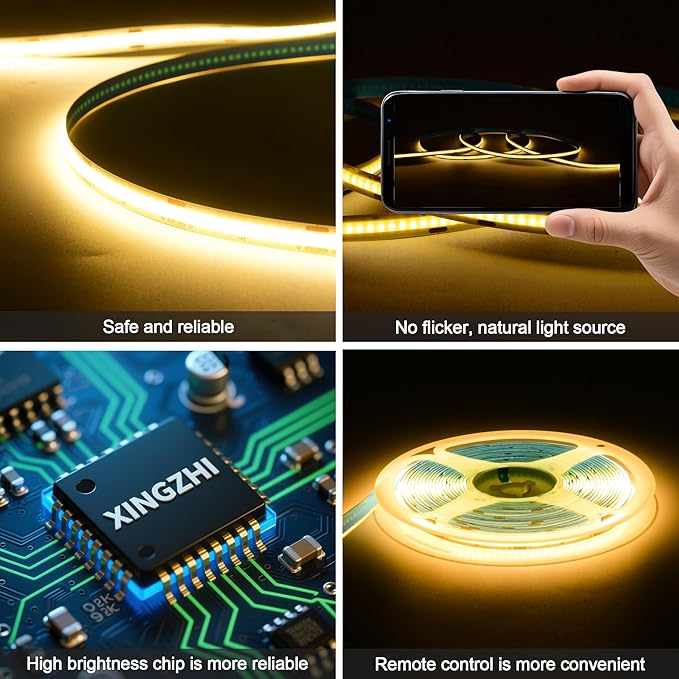 24V Dimmable COB LED Light Strip, 16.4FT Warm White 3000K, High Brightness led Strip Lights, with RF Remote Control and UL Power Supply, Suitable for Bedroom, Kitchen, and DIY Home Decoration