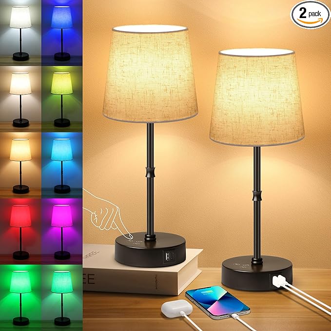 Ascher Bedside Table Lamp Set of 2, RGB Color Changing, 3 Color Temperatures, Dimmable Nightstand Lamp with USB C+A Ports, Touch Desk Lamp for Bedroom Living Room, H15.6in, Flaxen Shade