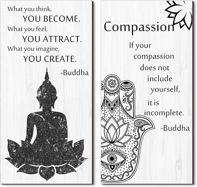 Blulu 2 Pcs Buddha Quote Decor Buddha Inspirational Quote Wall Art Meditation Room Chakra Decor Zen Wooden Hanging, Spiritual Gift for Home Yoga Living Room Women(Compassion)