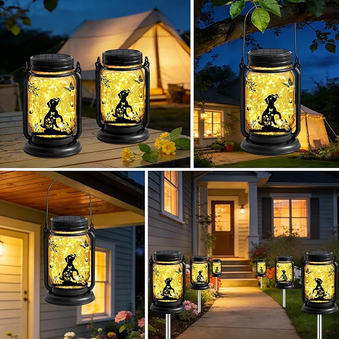Solar Dog Butterfly Lanterns Outdoor Waterproof - Dog Lover Gifts for Women Mom Grandmom Birthday Mothers Day, LED Hanging Mason Jar Fairy Lights for Garden Yard Patio Decor