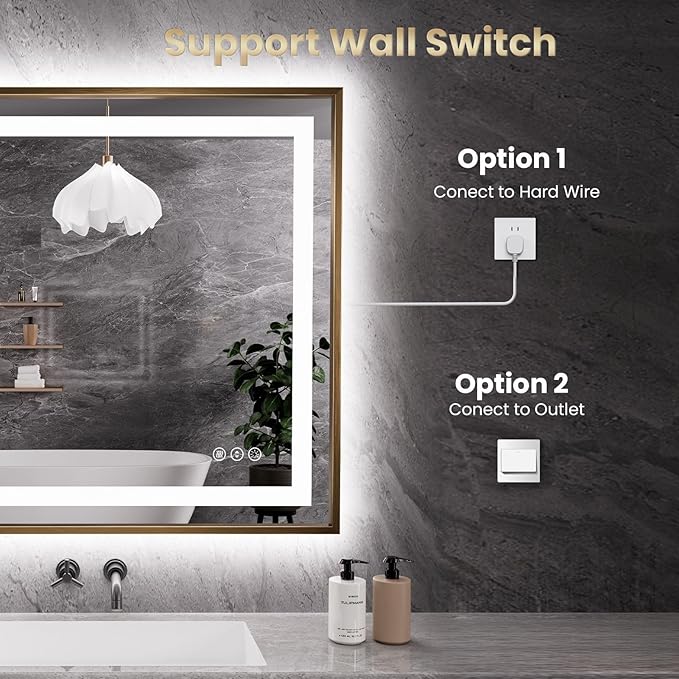 Amorho 28"X36" LED Bathroom Mirror, Golden Metal Framed Mirror with Front Light and Backlit, Stepless Dimmable, Anti-Fog, Shatter-Proof, Memory, 3 Colors