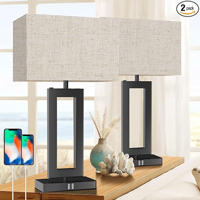 Tall Table Lamps for Living Room Set of 2, Modern Bedside Lamps w. 2 USB Ports, 3-Way Dimmable Touch Control Nightstand Lamp Set w. Fabric Cream Shade for Bedroom End Table, 22 in