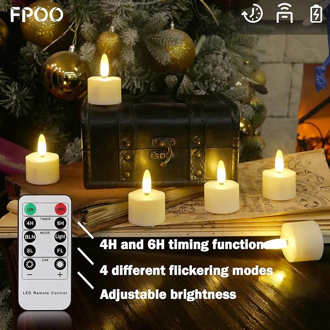 LED Rechargeable Tea Lights Candles with Remote, 6 pcs Battery Operated Tealights with Flickering Flame, USB Charging Cable, Timer Votive Candles for Wedding Decor Christmas Party