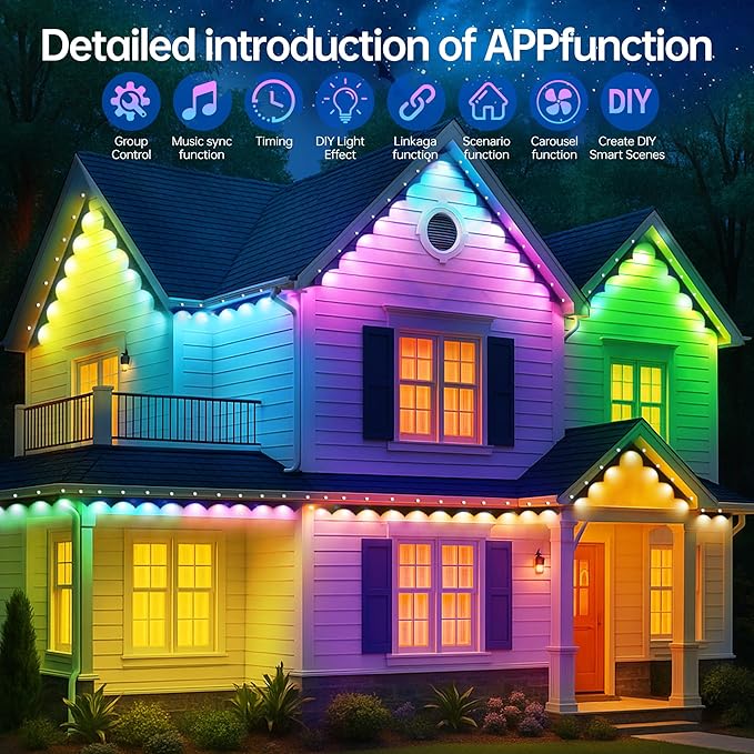 Permanent Outdoor Lights 250ft RGB+IC Outdoor String Lights App Control IP67 Waterproof,100 Scene Modes Decorations for Home,Christmas,Halloween,Holiday, Daily,Birthday Decor