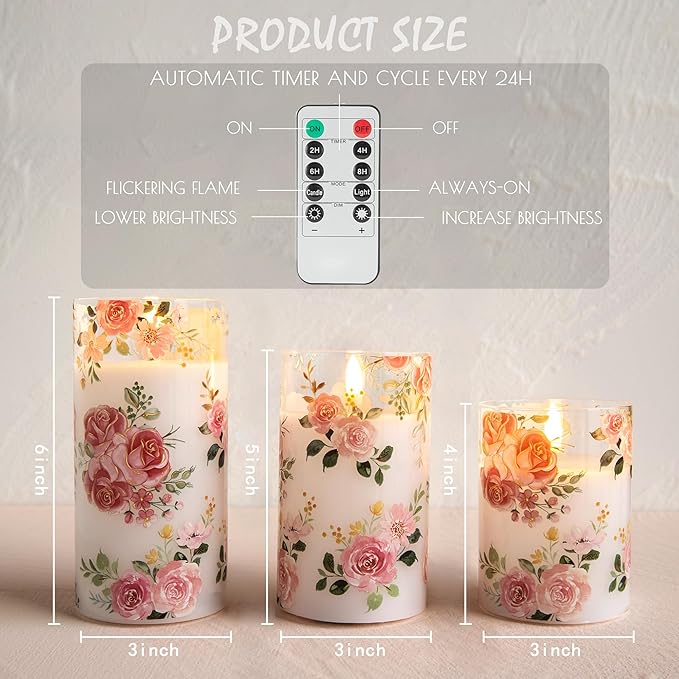 Flameless Candles with Remote, Battery Operated Glass Candles Pink Rose Flickering LED Candles Real Wax Floral Christmas Decor Electric Pillar Candles Set of 3