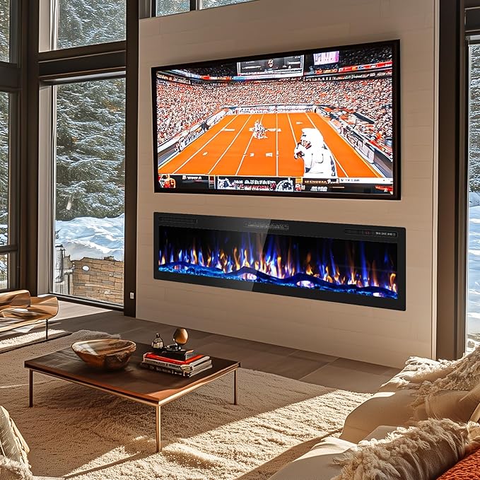 60" Smart WiFi Electric Fireplace with Sound Crackling Narrow Bezel Recessed and Wall Mounted Fireplace Heater with App, Remote Control, Log Flame Option, 750/1500W