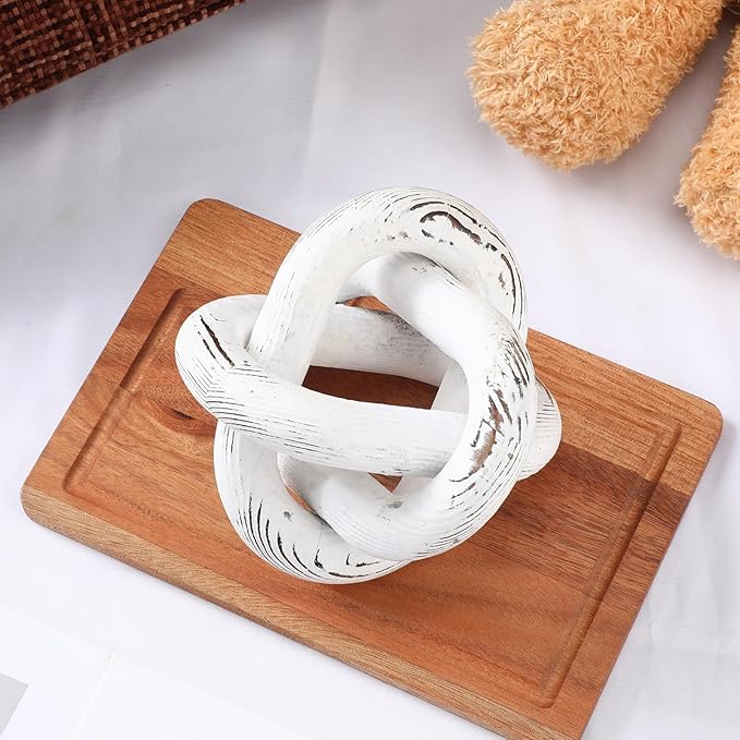 3 Link Wood Knot Decor Rustic Home Décor Accents Hand Carved Coffee Table Decoration, Boho Chain Link Decoration, Modern Shelf, Rustic Objects for Home Living Room Bedroom(Retro White)
