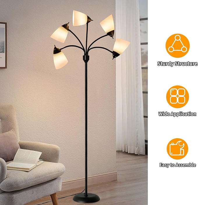 DLLT Modern Floor Lamp for Room: 5-Light Flexible Gooseneck Black Floor Lamps Standing for Living Room Bedroom Home Study Room Office - Tall Tree Floor Lights Adjustable Metal Multi Head E26 Base