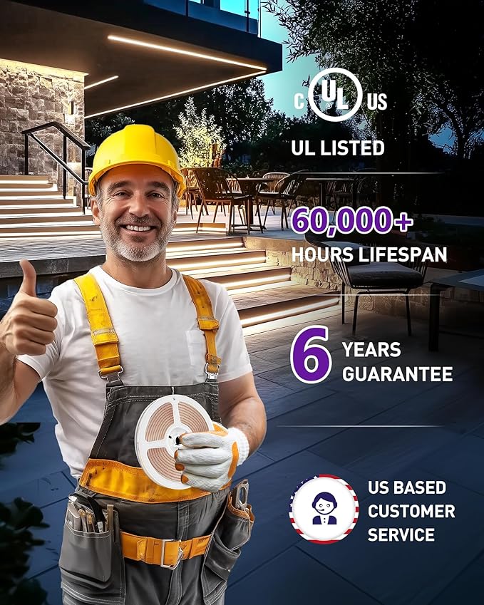 Outdoor COB LED Strip Lights Waterproof White 4000K, 16.4ft IP67 24V Tape Light High Density, 2560 LEDs, 305 LM/FT, CRI 90+, Lighting for Bathroom,Backyard,Garden,UL Listed(Power Source Not Included)