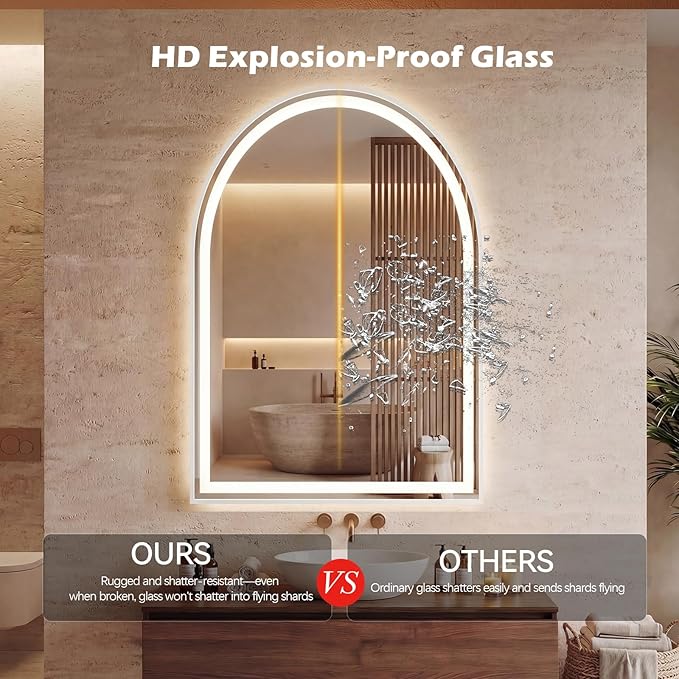 Sweetcrispy 24"×36" LED Bathroom Mirror with Lights, Arched Vanity Mirror with Anti-Fog, Dimmable, 3-Color Light, Memory Function, Tempered Glass