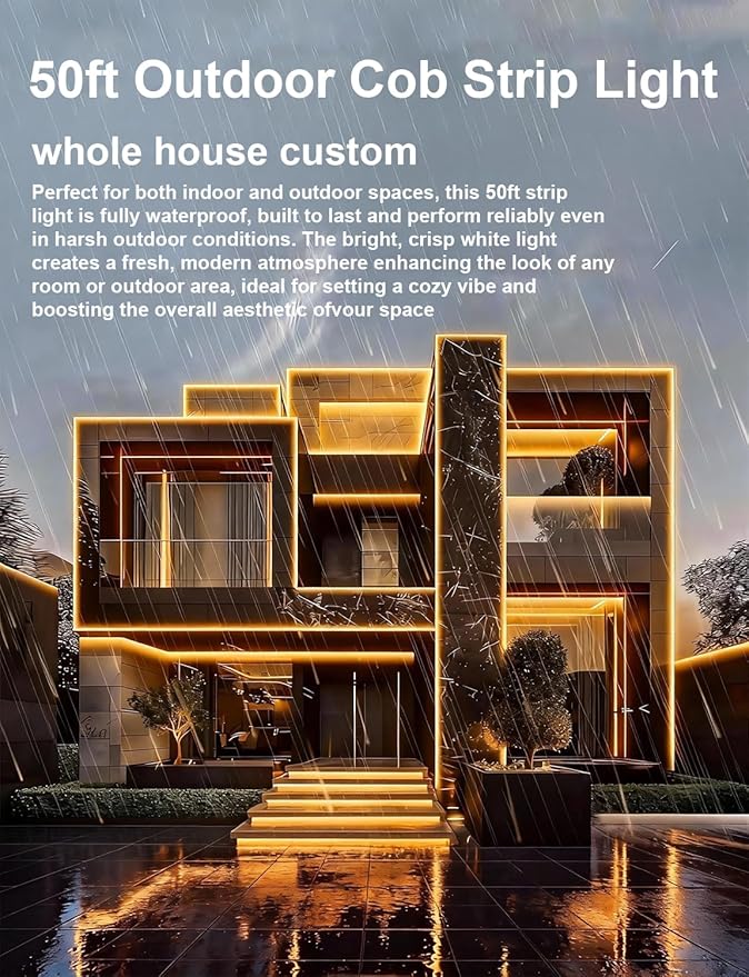 50FT COB LED Strip Light Outdoor Waterproof,15M Warm White 3000K Led Strip Lights Flexible 24V Remote & App Control Dimmable Led Tap Lighting for Room Bathroom,Kitchen ,Patio Garden ,Cabinet Shelf