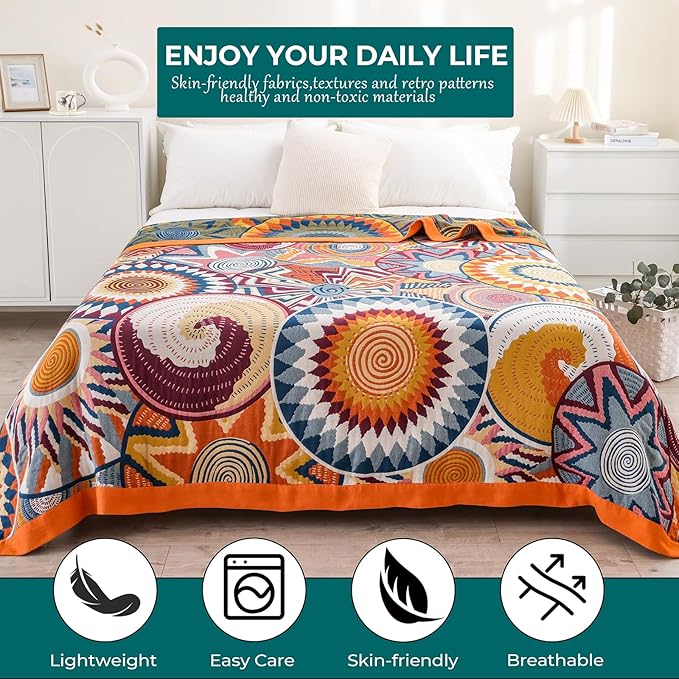 Boho Cotton Muslin Twin Size Bed Throws,100% Cotton Rustic 4 Layer Reversible Colorful Woven Blankets, Washable Breathable Mexican Decor Bed Blankets 60"×80" for Couch Sofa All Seasons
