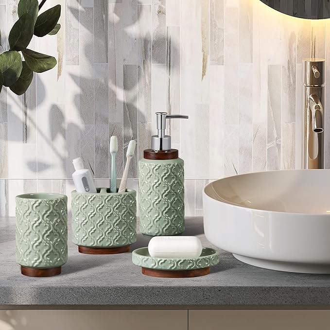 RQYIXI Elegant 6 PCS Ceramic&Wood Bathroom Accessories Set:Soap Dispenser,Toothbrush Holder,Tumbler,Soap Dish,Tray,Trash Can,Easy to Clean,Quatrefoil Pattern,Green-Affordable Home Luxury