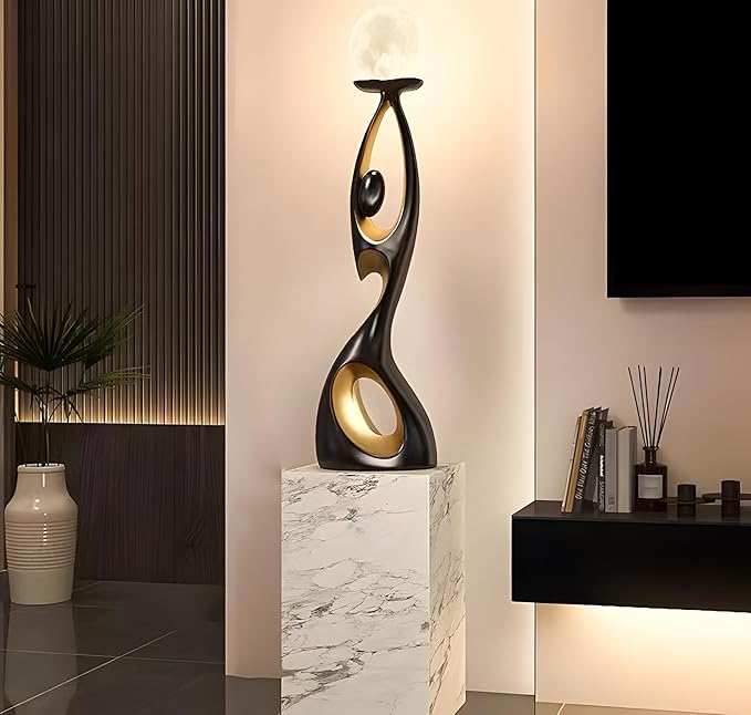 Bofea-Mid Century Modern Floor Lamp,Unique Corner Decorative Reading Standing Light,Rechargeable Moon Standing Lamp Or Resin Creative Stylish Decor Lamps for Living Room,Bed Room. (Black)