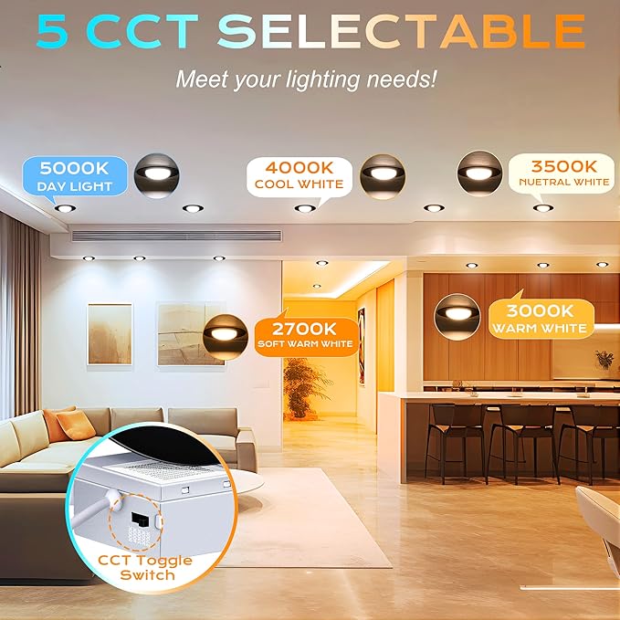 CLOUDY BAY [4 Pack] 6 inch 5 Color Swivel LED Gimbal Recessed Light with Junction Box IC Rated Air Tight,120V CRI90+,2700K/3000K/3500K/4000K/5000K Selectable,Black