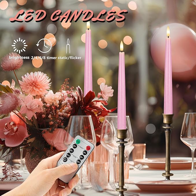 Pink Flameless Taper Candles, 9.6" Battery Operated Candles with Remote, Real Wax Led Candle, Flickering Flameless Candlesticks for Home Party Wedding Romantic Night Decor