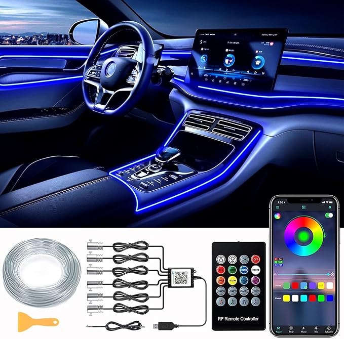 Interior Car LED Strip Lights, RGB 6 in 1 Ambient Lighting Kit with 315 inches Integrated Fiber Optic, 16 Million Colors Car Interior Lights with Wireless APP& Remote Control, Sync to Music