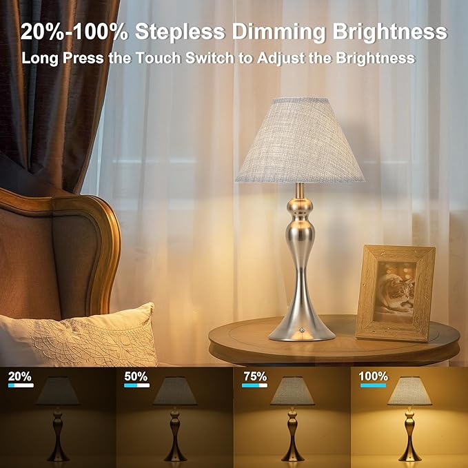 Rechargeable Cordless Table Lamps, Battery Operated Lamp with Fabric Shade for Decor, 3 Color Stepless Dimming LED Table Light, Nightstand Lamp for Nursery, Bedroom, Living Room, Home Office (Nickel)