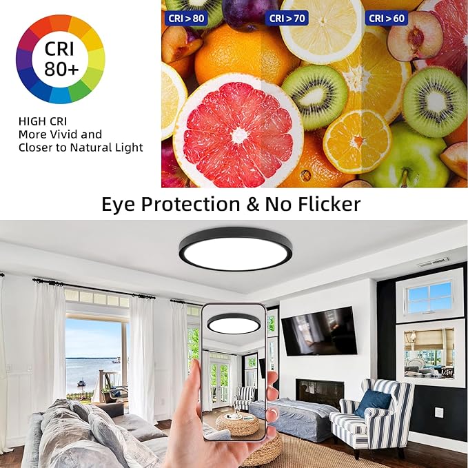 Led Flush Mount Ceiling Light,16 Inch 32w 3480lm,3000k/4000k/6000k 3CCT Selectable, Round Modern Flat Panel Super Slim Led Ceiling Light,for Living Dining Kitchen Bedroom Room (2Pack-Black)