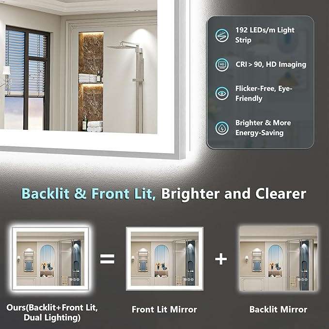 48x32 Brushed Nickel LED Bathroom Mirror with Lights, Sliver Framed Backlit and Front Lit Anti-Fog Lighted Vanity Mirrors for Bathroom Wall, Dimmable, 3 Colors, Memory, Tempered Glass, CRI＞90